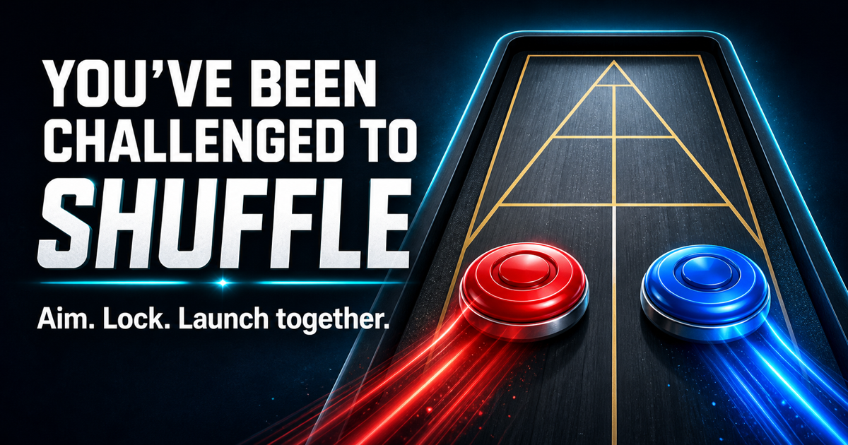 Red and blue shuffleboard pucks racing across a neon shuffleboard court